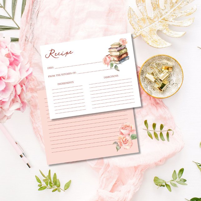 Livro de histórias novo capítulo Cartão de receita (Story book new chapter bridal shower recipe card book themed bridal shower blush pink roses books)