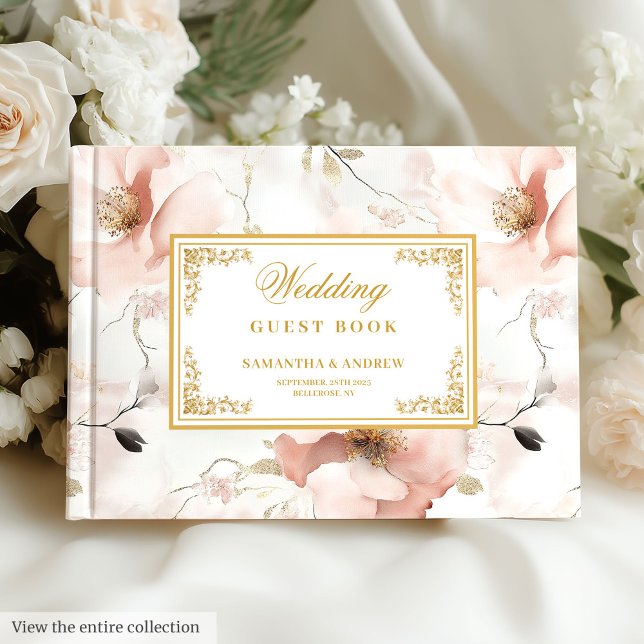Livro de hóspedes clássico, cor-de-rosa, de ouro f (Classic dusty pink gold floral wedding guest book)