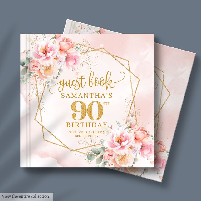 Livro de hóspedes de 90 aniversários com cor-de-ro (Boho blush pink gold floral 90th birthday guest book

)