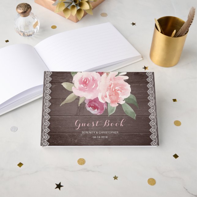 Livro de hóspedes de casais de renda floral de aqu (Frente aberta)