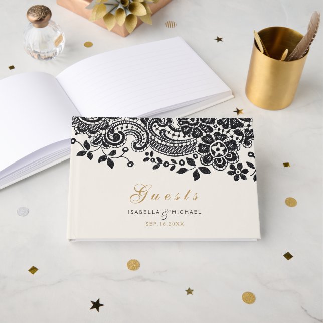 Livro de hóspedes de casamento da vintage preta (Frente aberta)