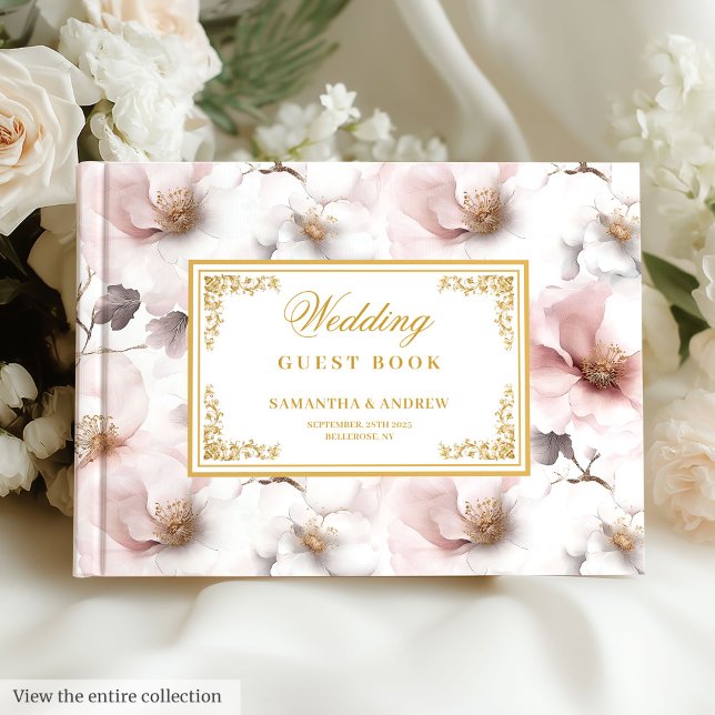 Livro de hóspedes de ouro rosa-poeirinho (Graceful boho dusty pink gold wedding guest book)