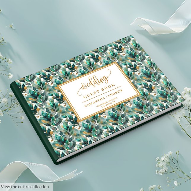 Livro de hóspedes de ouro verde-floresta com folha (Forest green gold wedding guest book with leaves

)