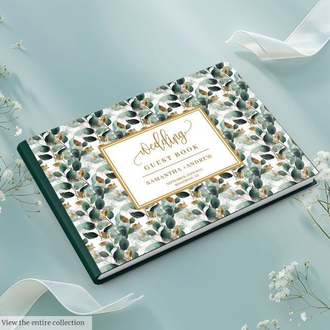 Livro de hóspedes de ouro verde profundo com verde (Deep green gold wedding guest book with greenery

)