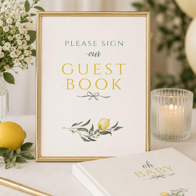 Livro de Presença para Chá de Bebê Little Lemon Sa (Little Lemon Sage Bow Baby Shower Guest Book Sign)