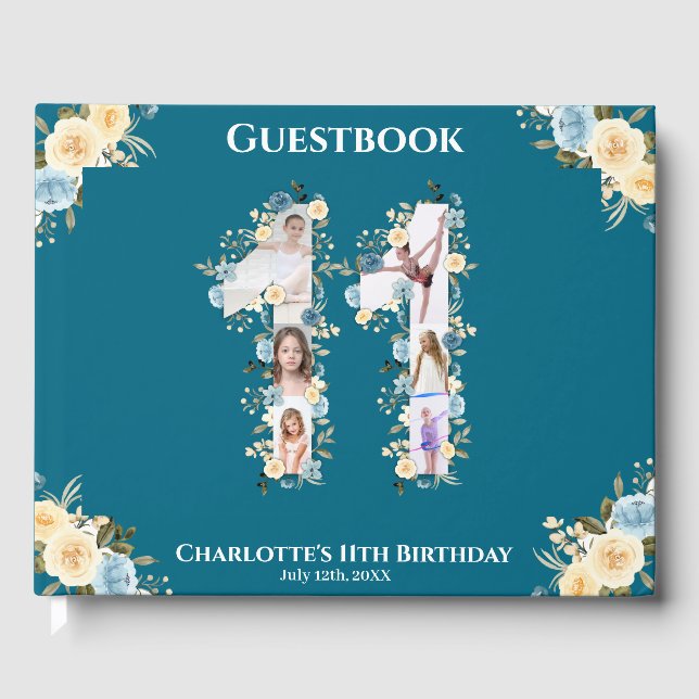 Livro De Visitas 11 Birthday Teal Photo Collage Yellow Flower (Frente)