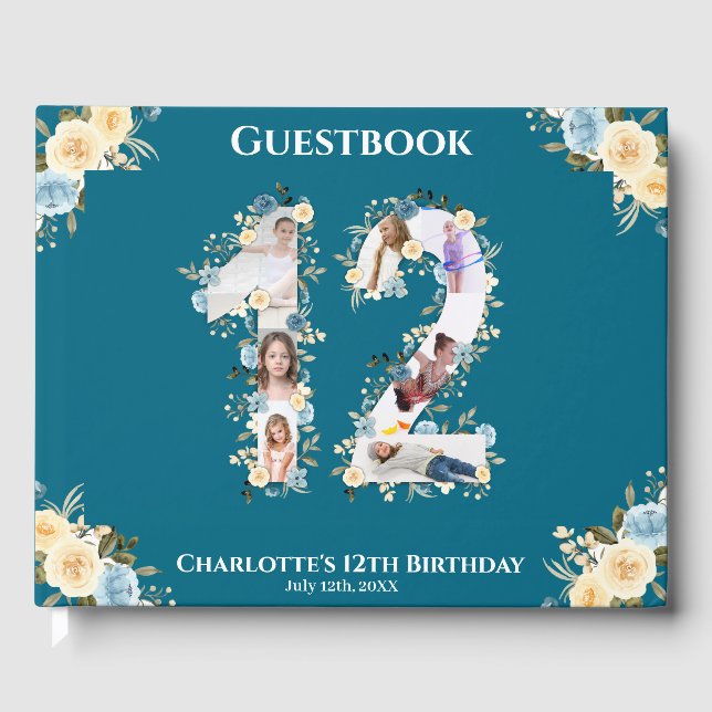 Livro De Visitas 12 Birthday Foto Collage Yellow Flower Teal (Frente)