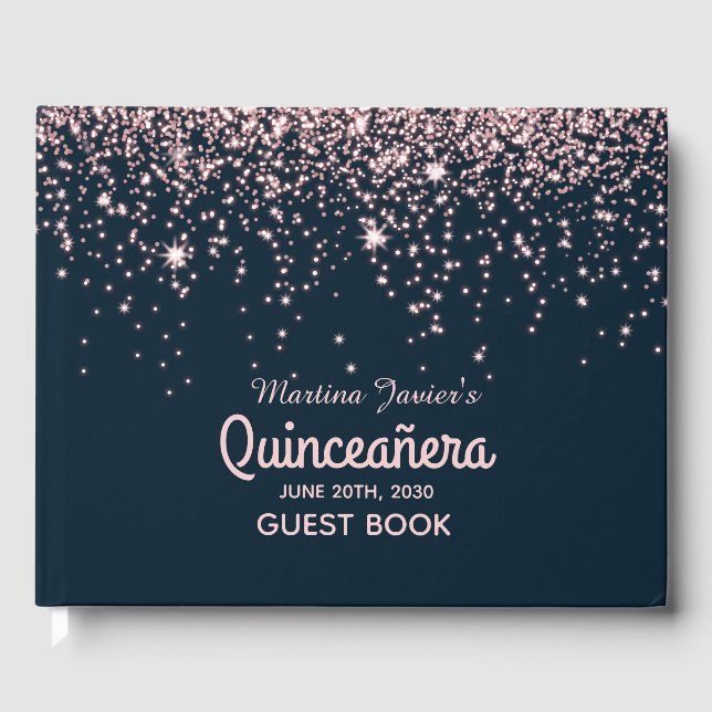 Livro De Visitas 15 de Quinceañera, cor-de-rosa, com rosa, (Frente)