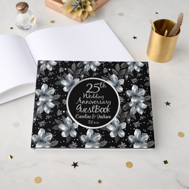 Livro De Visitas 25º Aniversário de Bodas de Prata com Glitter Flor (Frente aberta)