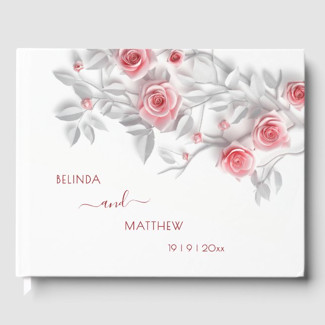 Livro De Visitas 3D Pink Gray Roses | Wedding (Frente)