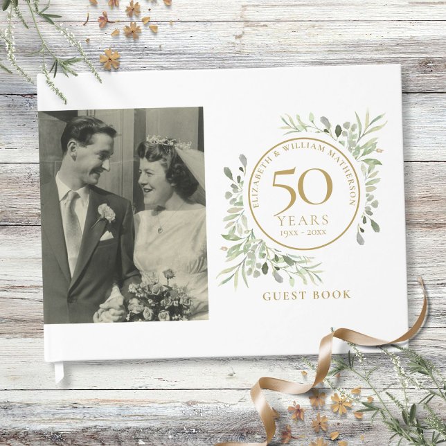 Livro De Visitas 50ª Foto do Dourado Greenery do Aniversário do Cas (50th Wedding Anniversary Gold Greenery Photo Guest Book)