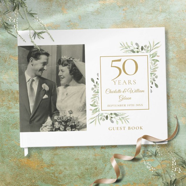 Livro De Visitas 50ª Foto do Ouro Casamento Aniversário Greenery (50th Golden Wedding Anniversary Greenery Photo Guest Book)