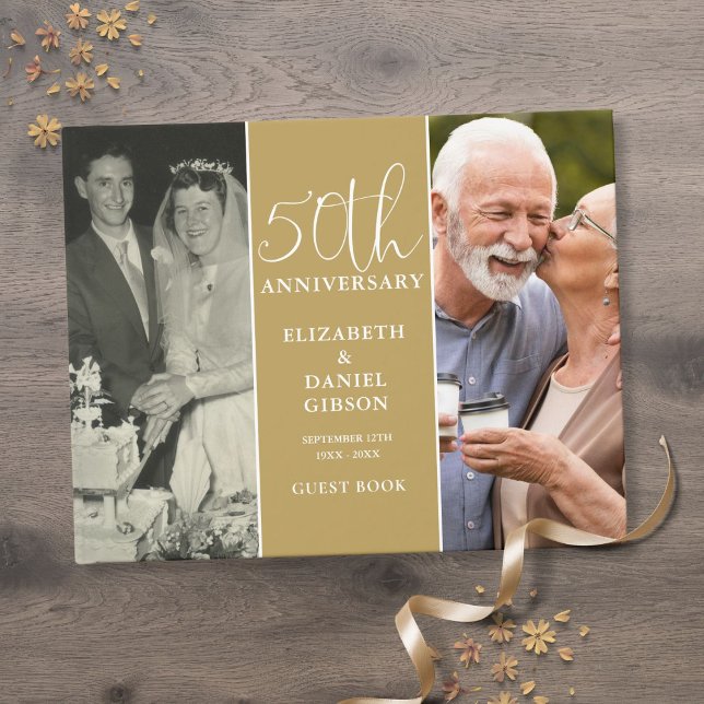 Livro De Visitas 50º aniversário do Ouro 2 Foto (50th Wedding Golden Anniversary 2 Photo Guest Book)
