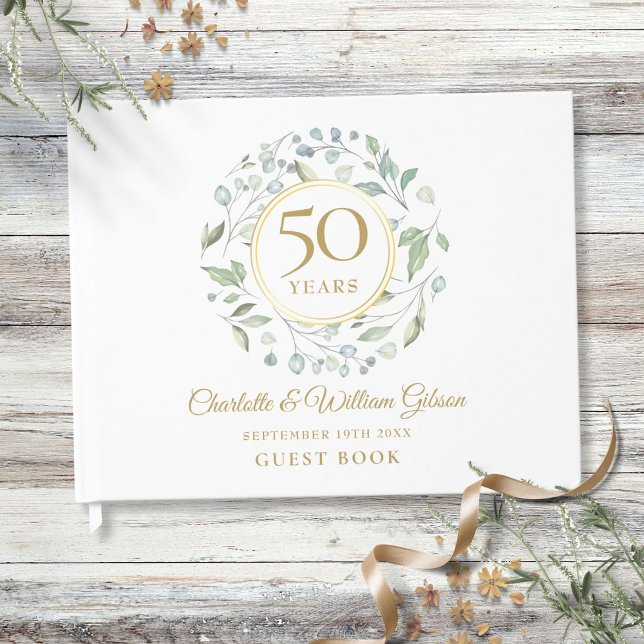 Livro De Visitas 50º aniversário do Ouro Greenery Garland (50th Wedding Golden Anniversary Greenery Garland Guest Book)