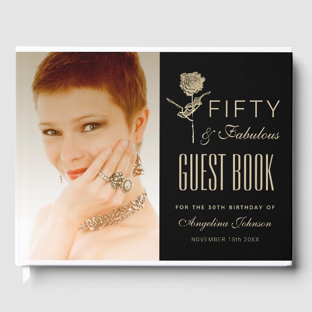 Livro De Visitas 50 e Fabulosa Foto Preta e Dourada de 50º aniversá (Frente)