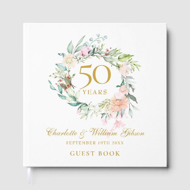 Livro De Visitas 50th Golden Wedding Anniversary Floral Garland (Frente)