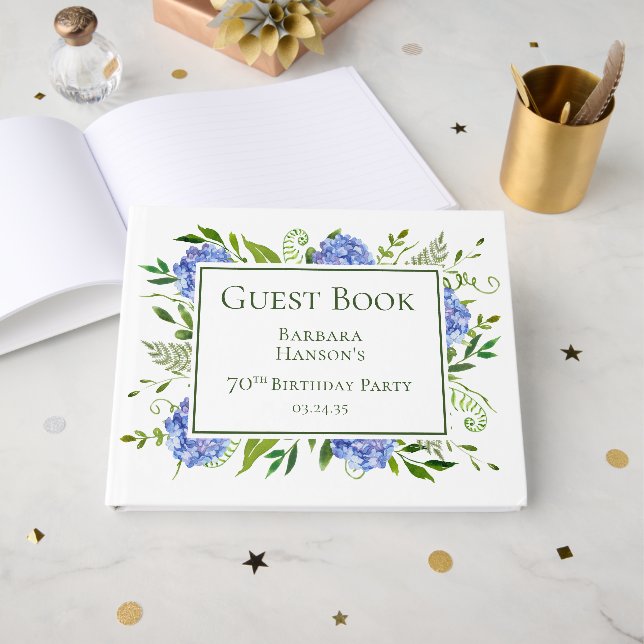 Livro De Visitas 70 Birthday Blue Hydrangeas (Frente aberta)