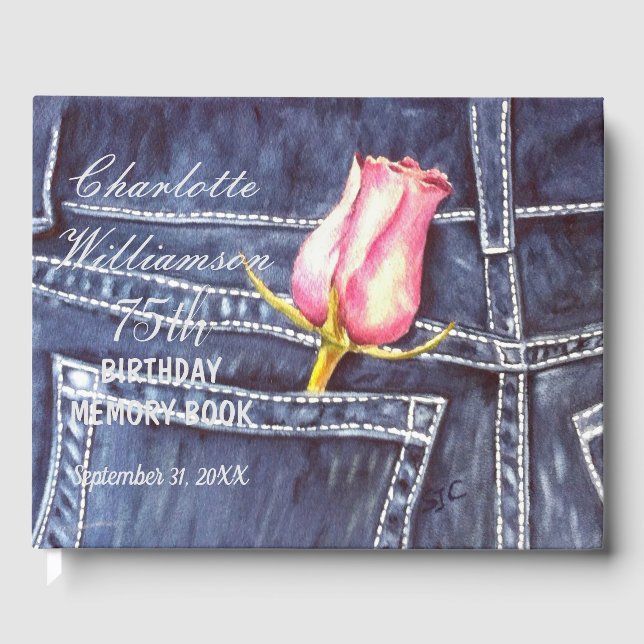 Livro De Visitas 75ª memória de aniversário floral rosa rosa rosa r (Frente)