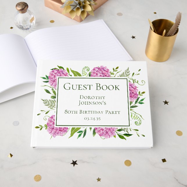 Livro De Visitas 80 Birthday Pink Hydrangeas (Frente aberta)