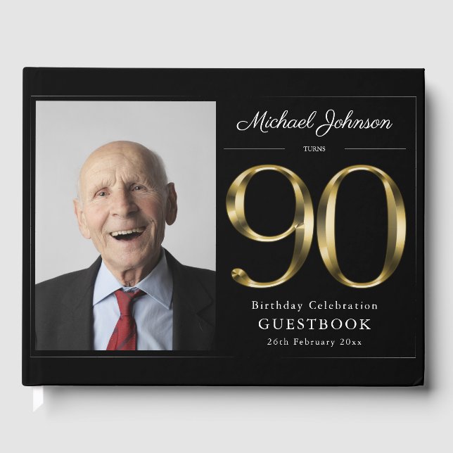 Livro De Visitas 90 Birthday Black Typografia Classy Personalizada (Frente)