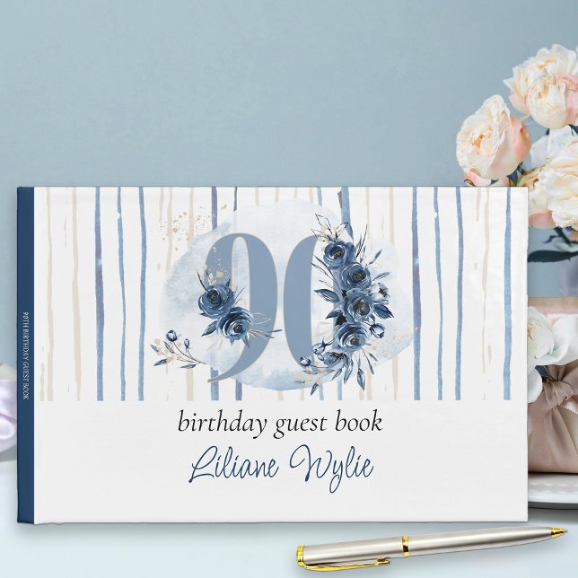 Livro De Visitas 90 Birthday Floral Number Coastal Blue (90th Birthday Party Guest Book from my Floral Number Birthday Party Collection)