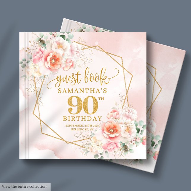 Livro De Visitas 90 de Aniversário do Pastel Dourado Rosa Clássico (Classic Pastel Pink Gold Flowers 90th Birthday Guest Book)