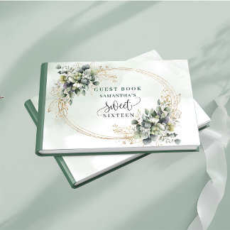 Livro De Visitas Adorável Sweet 16 folhagem verde em aquarela empoe
