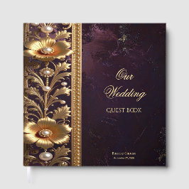 Livro de Visitas Adorno Floral Dourado com Pérolas