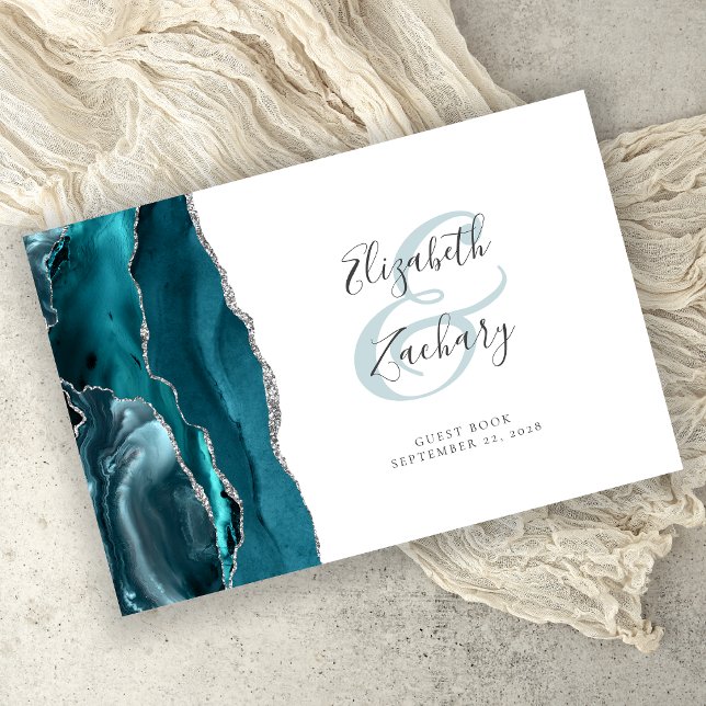 Livro De Visitas Ágata Azul Teal Moderna com Rótulo de Prata (Criador carregado)