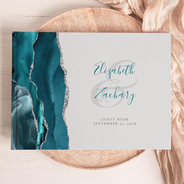 Livro De Visitas Ágata Azul Teal Moderno Cinza Script Prata (Criador carregado)