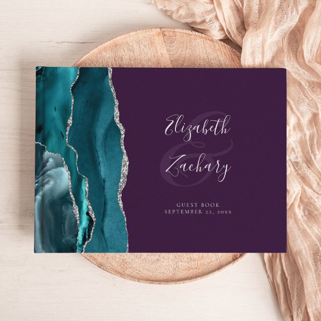 Livro De Visitas Ágata Azul Teal Moderno Script Prata Roxo (Criador carregado)