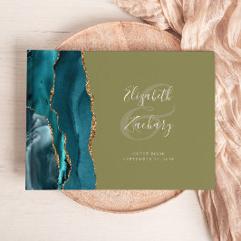 Livro De Visitas Ágata Teal Moderna Dourado Script Verde Oliva
