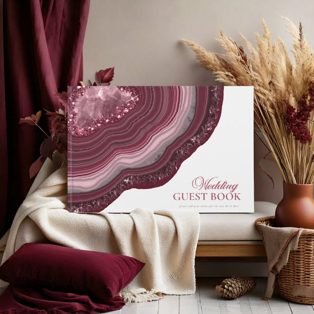 Livro De Visitas Agate Geode Glitter Wedding Burgundy ID647 (Criador carregado)
