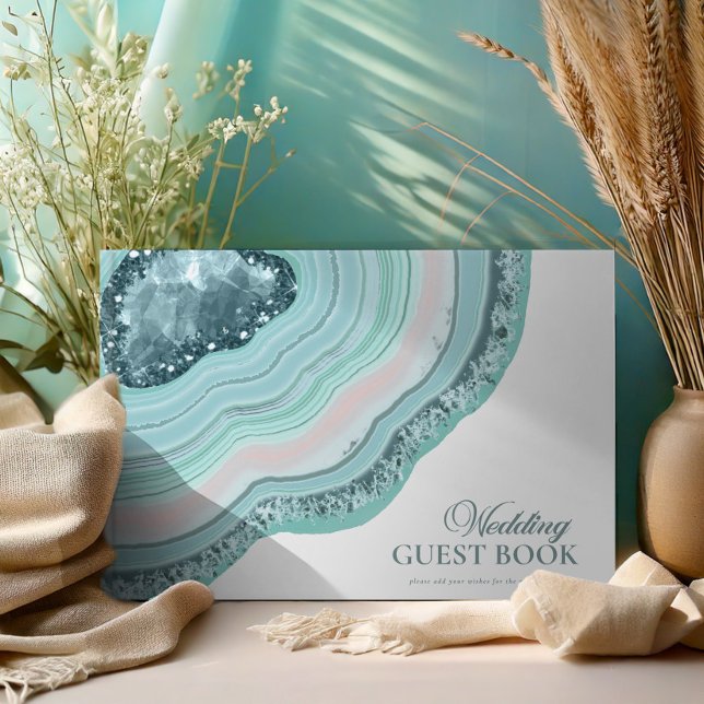 Livro De Visitas Agate Geode Glitter Wedding Teal ID647 (Criador carregado)