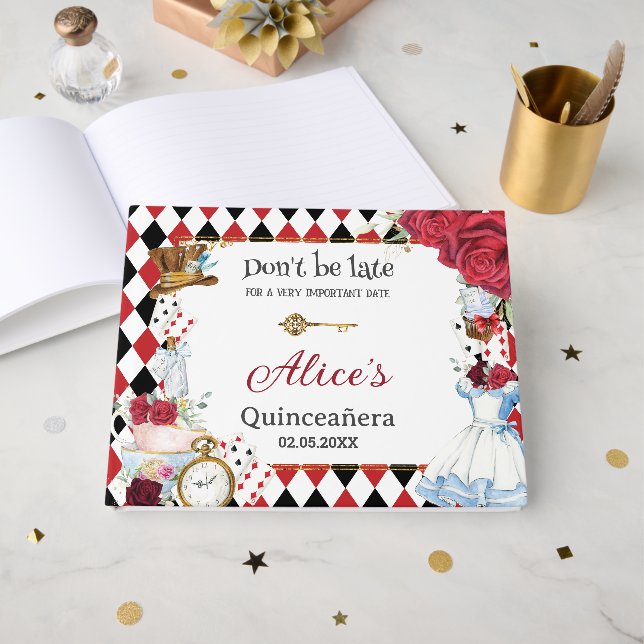 Livro De Visitas Alice in Wonderland Quinceanera Birthday Bridal  (Frente aberta)