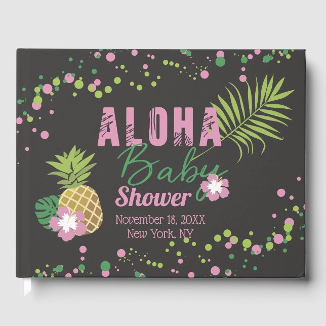 Livro De Visitas Aloha Baby Pink & Green Tropical Girl Chá de frald (Frente)