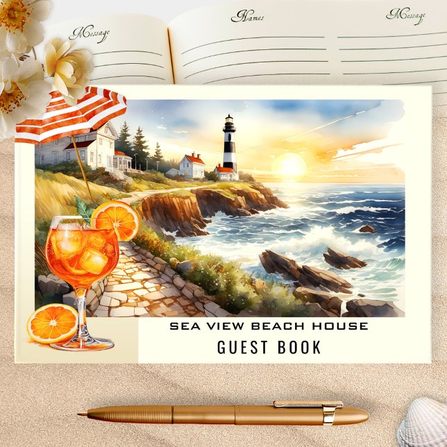 Livro De Visitas Aluguel de férias da Casa de Praia (Hospitality guest book featuring a watercolor illustration of a coastal scene with lighthouse)