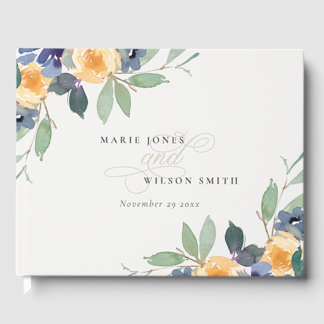 Livro De Visitas Amarelo Azul Floral Cheerful Casamento Aquarela (Frente)