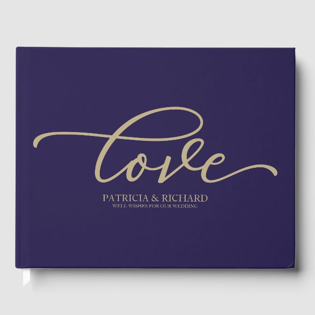 Livro De Visitas Amor Chic Dourado Script Azul Marinho Casamento (Frente)