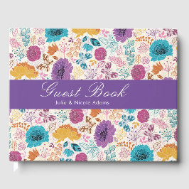 Livro De Visitas Amor em Flor Floral Romântico Rosa Roxo Casamento