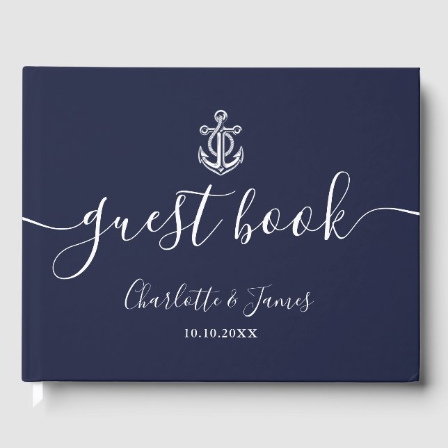 Livro De Visitas Âncora Azul Marinho Casamento Náutico Script (Frente)