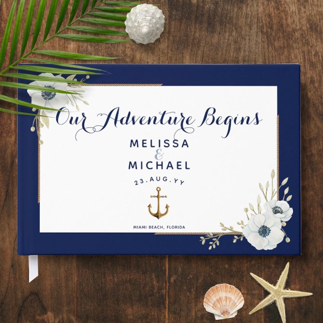 Livro De Visitas Anêmonas marinhos Azul e Branco ⚓ Casamento Náutic (Navy Blue & White Anemones⚓ Nautical Wedding Guest Book
)