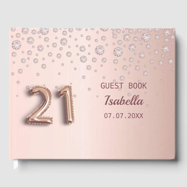 Livro De Visitas aniversário de 21 anos rosa de ouro diamante elega (Frente)