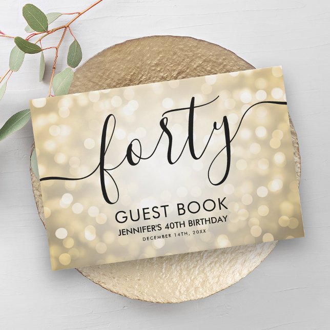 Livro De Visitas Aniversário de 40 anos de Luzes Douradas de Leitur (Modern Script Gold Glitter Lights 40th Birthday Guest Book)