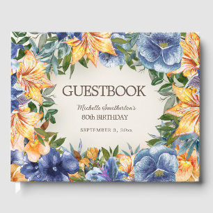 Livro De Visitas Aniversário de 80 anos Blue Orange Floral