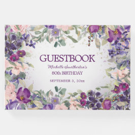 Livro De Visitas Aniversário do 80 Floral Pano Cor-de-rosa-púrpura
