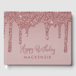 Livro De Visitas Aniversário do Rosa de luxo, Dourado Glitter