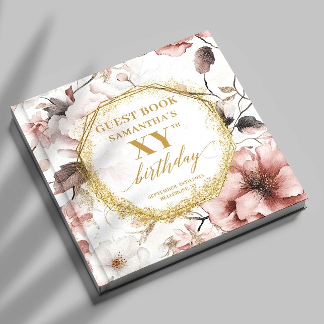 Livro De Visitas Aniversário Dourado de Cor de Água Pintada Clássic (Classy Dusty Pink Gold Watercolor Custom Birthday Guest Book)
