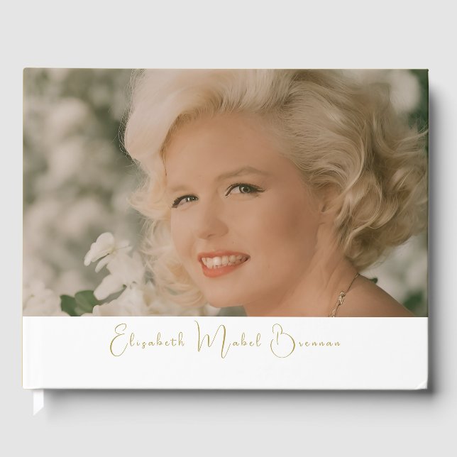 Livro De Visitas Aniversário Milestone Foto Simples Elegante Branco (Frente)