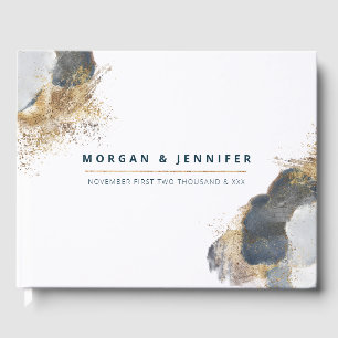Livro De Visitas Aquarela Azul e Dourado Elegante